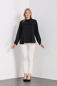 Oversized Frill Detailed Long Sleeves Blouse Shirt in Black