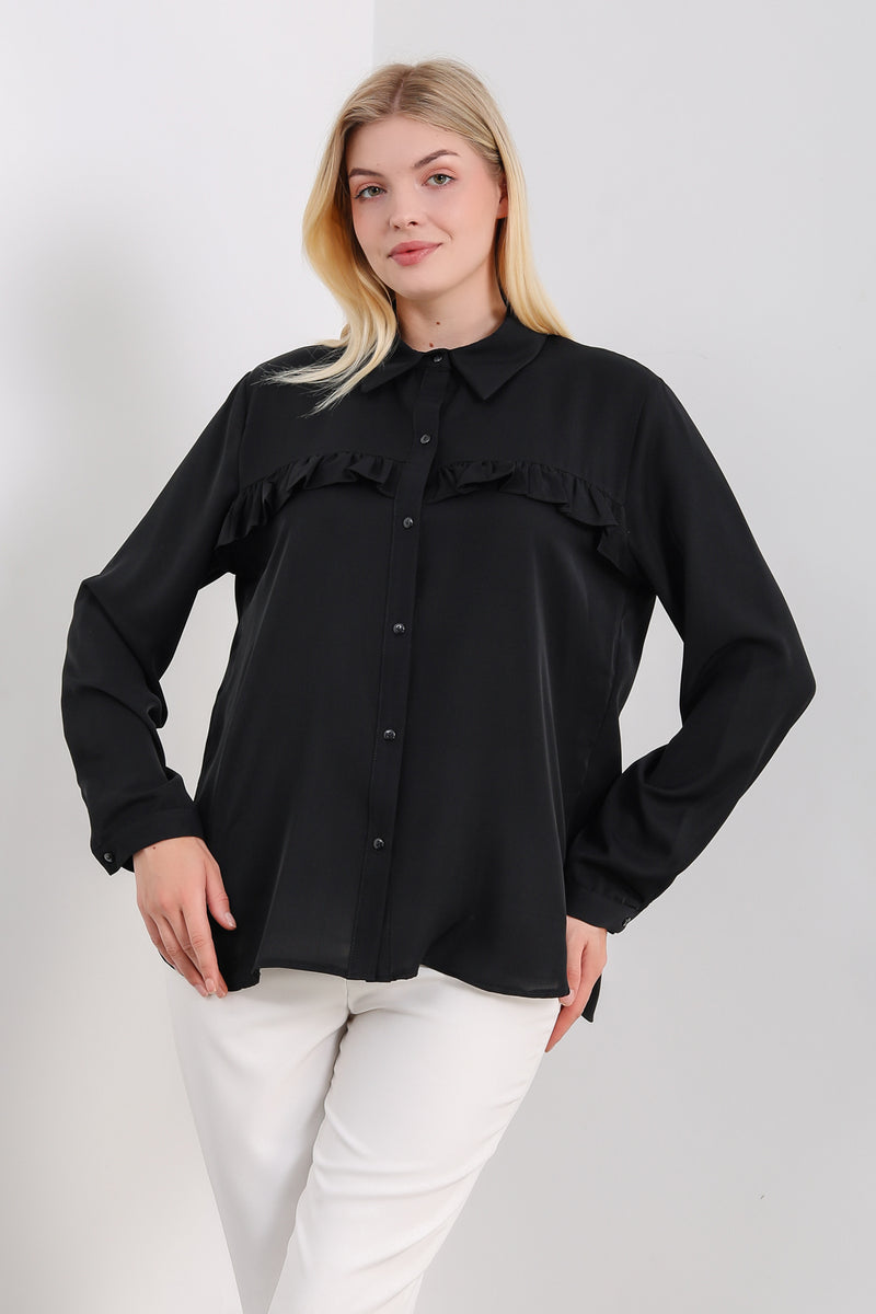 Oversized Frill Detailed Long Sleeves Blouse Shirt in Black