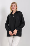 Oversized Long Sleeves Blouse with Brooch Details in Black