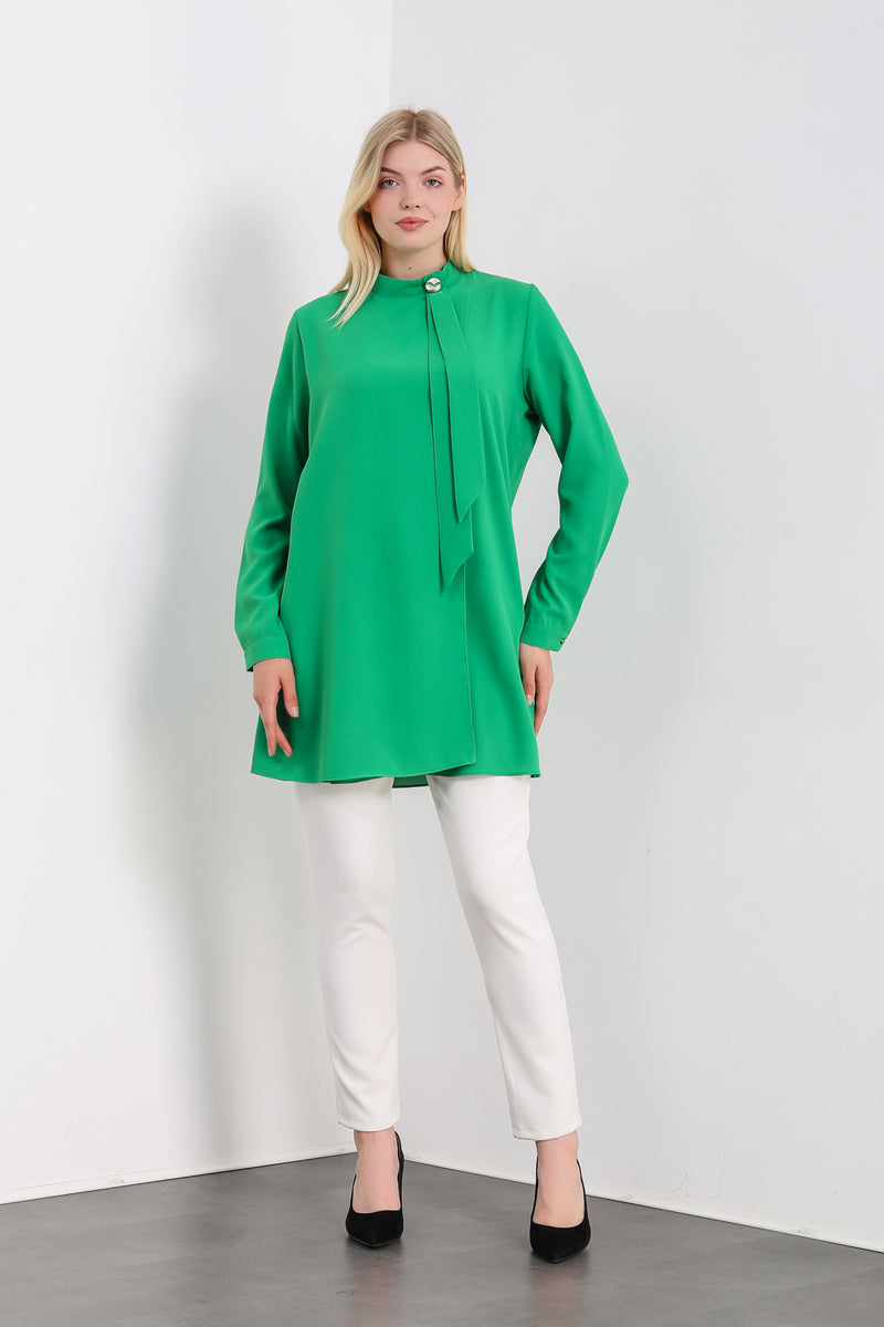 Oversized High Neck Tunic Top with Brooch Details in Green