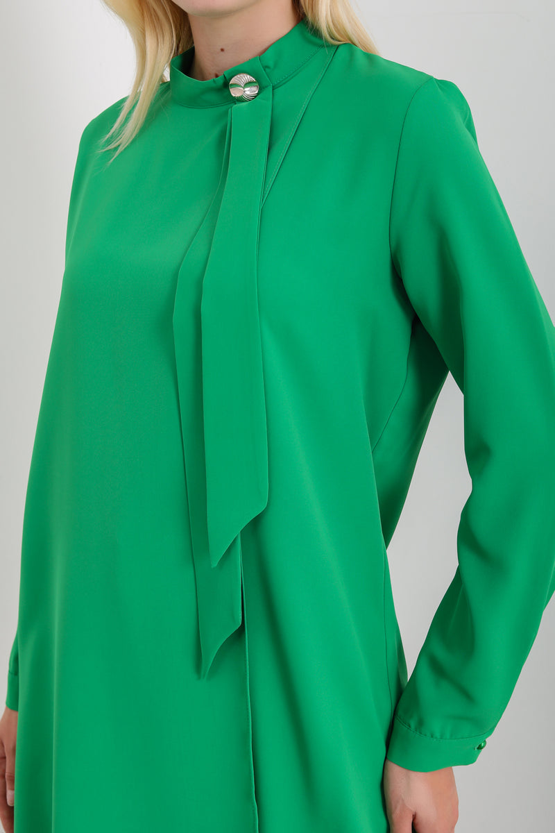 Oversized High Neck Tunic Top with Brooch Details in Green