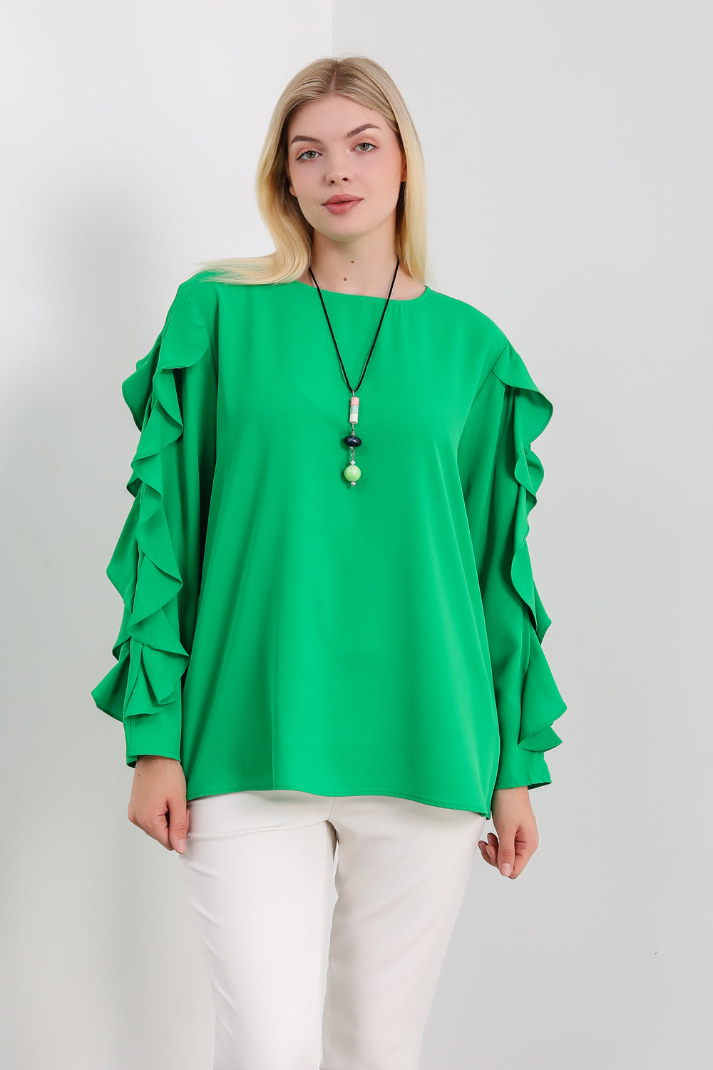 Oversized Ruffle Sleeve Relaxed Fit Top In Green