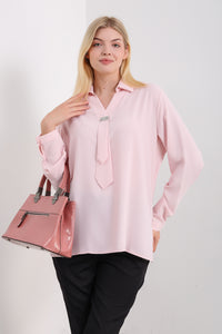 Oversized Long Sleeves Shirt Collar Blouse Top with Brooch Detail in Pink