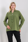 Oversized Long Sleeves Shirt Collar Blouse Top with Brooch Detail in Khaki