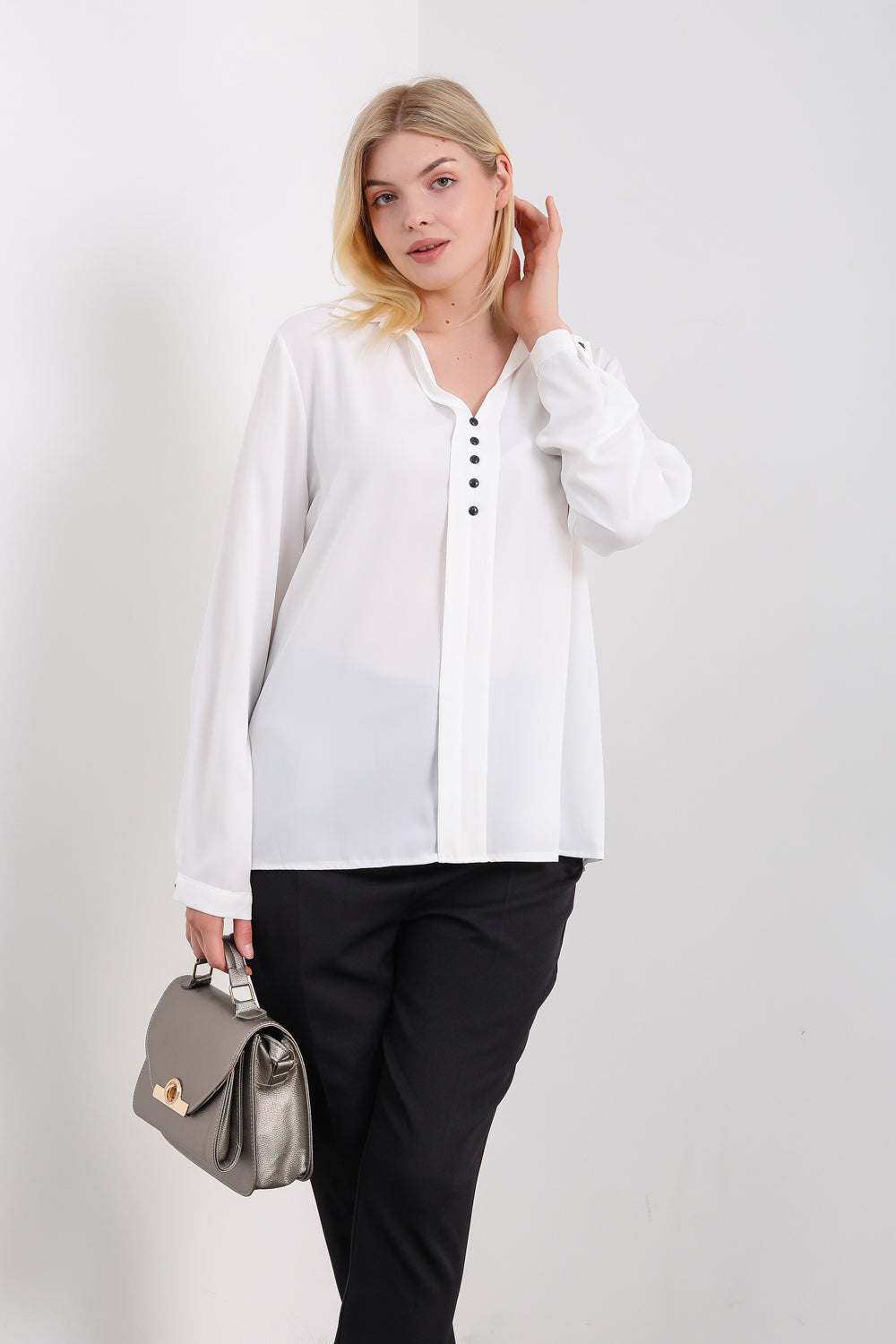 Oversized Long Sleeves Blouse Shirt with Button Details in White