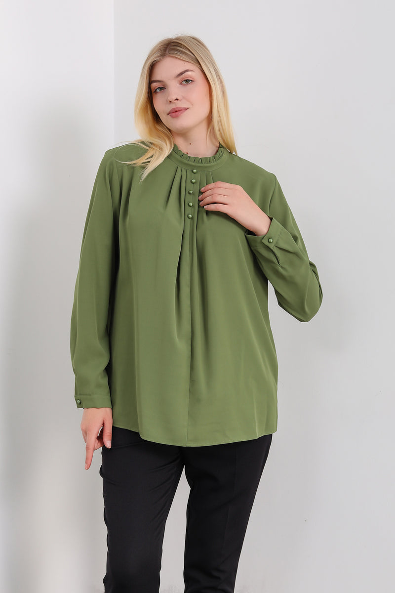 Oversized Ruffle Neck Top with Long Sleeves in Khaki