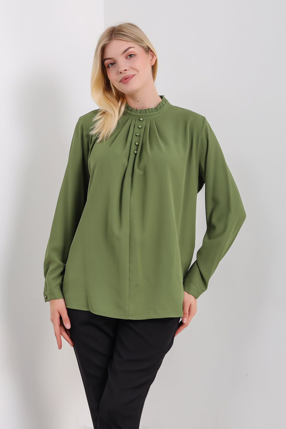 Oversized Ruffle Neck Top with Long Sleeves in Khaki