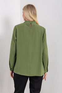 Oversized Ruffle Neck Top with Long Sleeves in Khaki