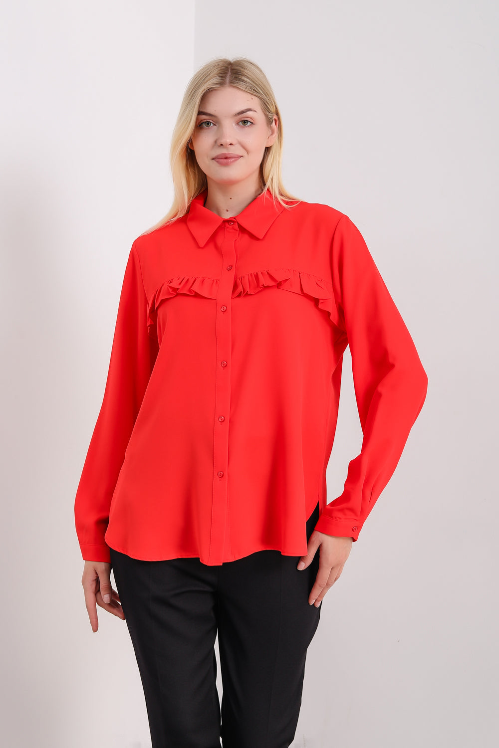 Oversized Frill Detailed Long Sleeves Blouse Shirt in Red