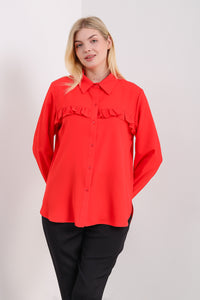 Oversized Frill Detailed Long Sleeves Blouse Shirt in Red
