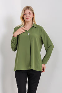 Oversized Long Sleeves Blouse with Brooch Details in Khaki