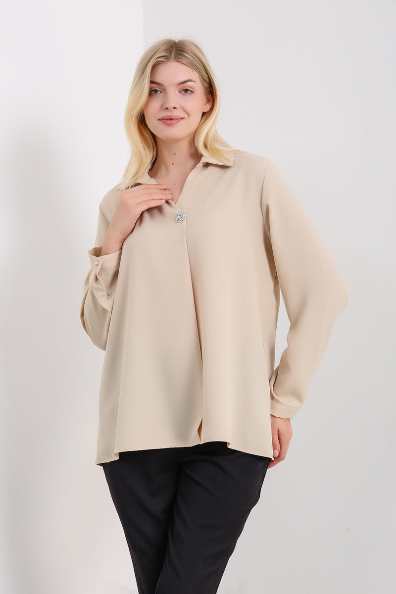 Oversized Long Sleeves Blouse with Brooch Details in Beige