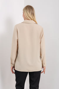 Oversized Long Sleeves Blouse with Brooch Details in Beige