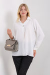 Oversized Long Sleeves Blouse with Brooch Details in White