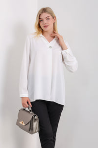 Oversized Long Sleeves Blouse with Brooch Details in White