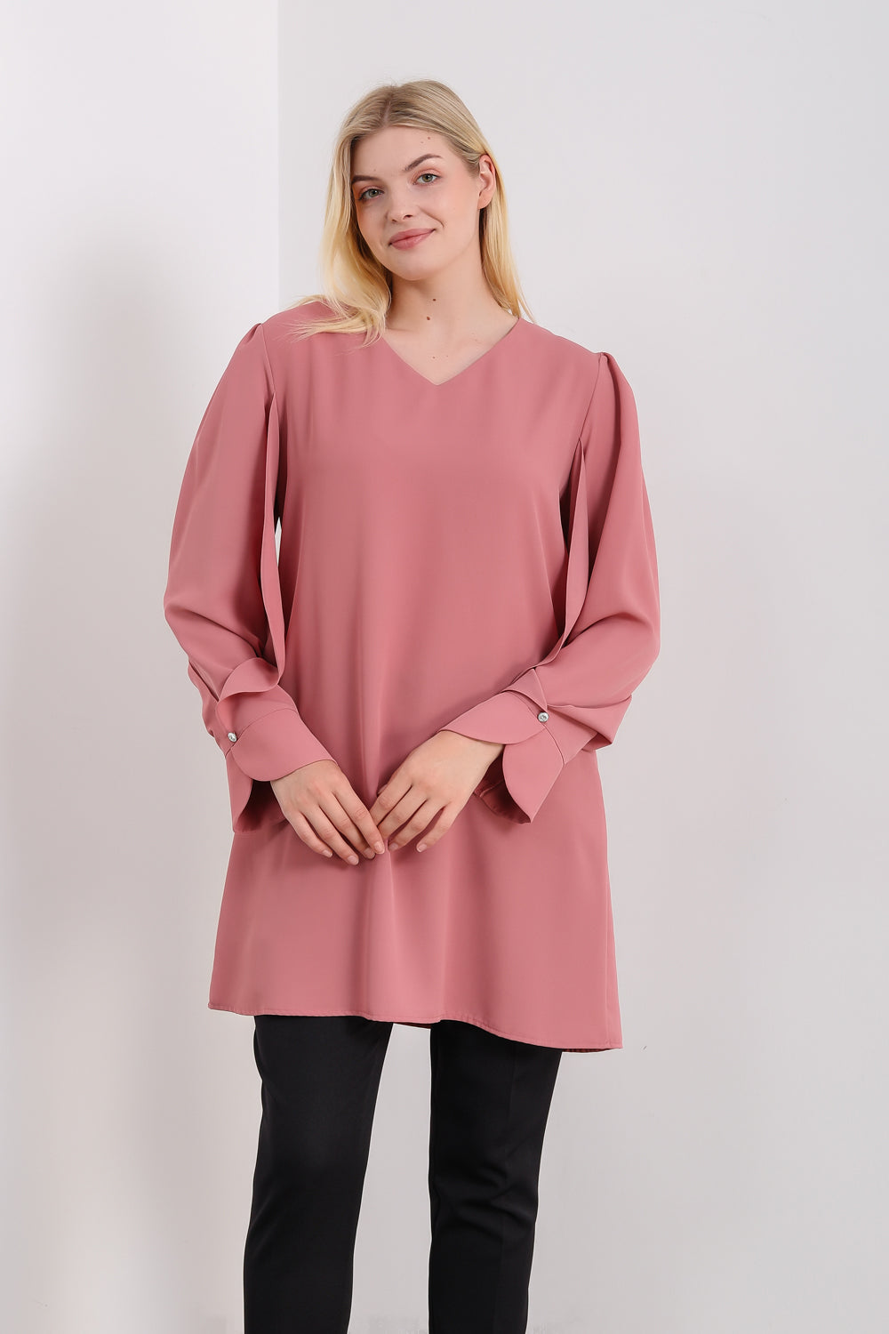 Oversized Detailed Sleeves V Neck Tunic in Pink