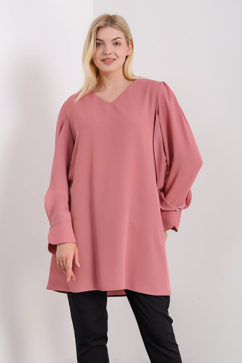 Oversized Detailed Sleeves V Neck Tunic in Pink