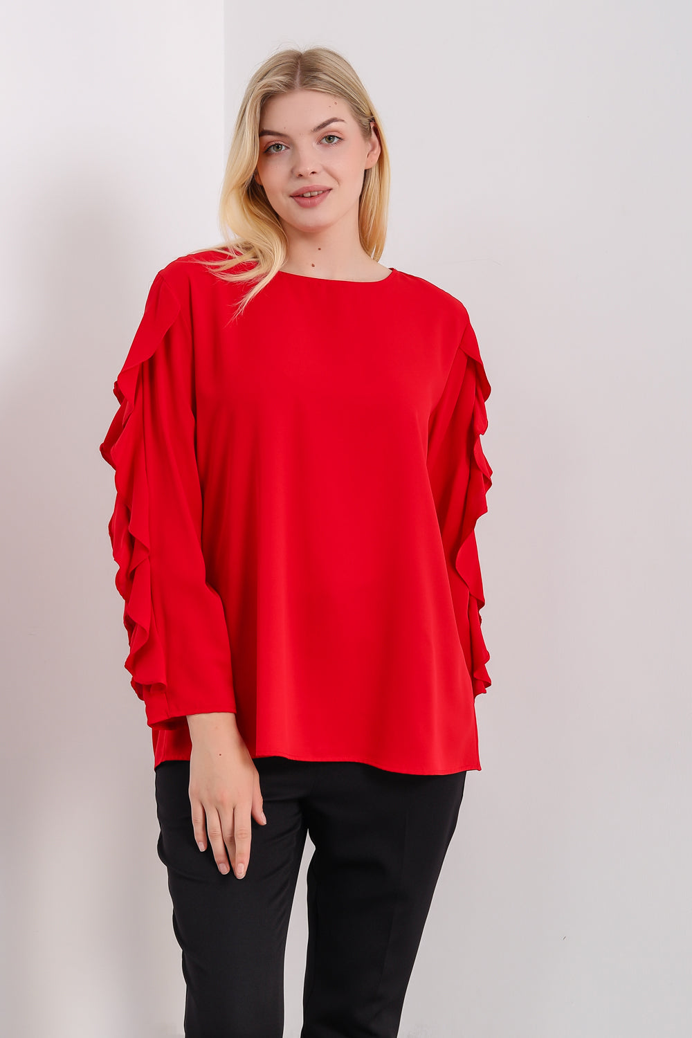 Oversized Ruffle Sleeve Relaxed Fit Top In Red