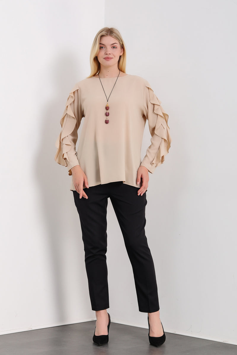 Oversized Ruffle Sleeve Relaxed Fit Top In Beige