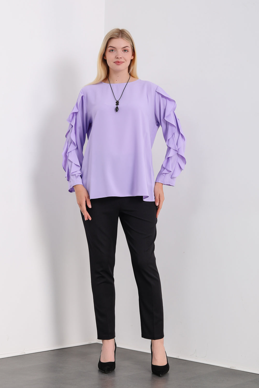 Lilac ruffle top on sale