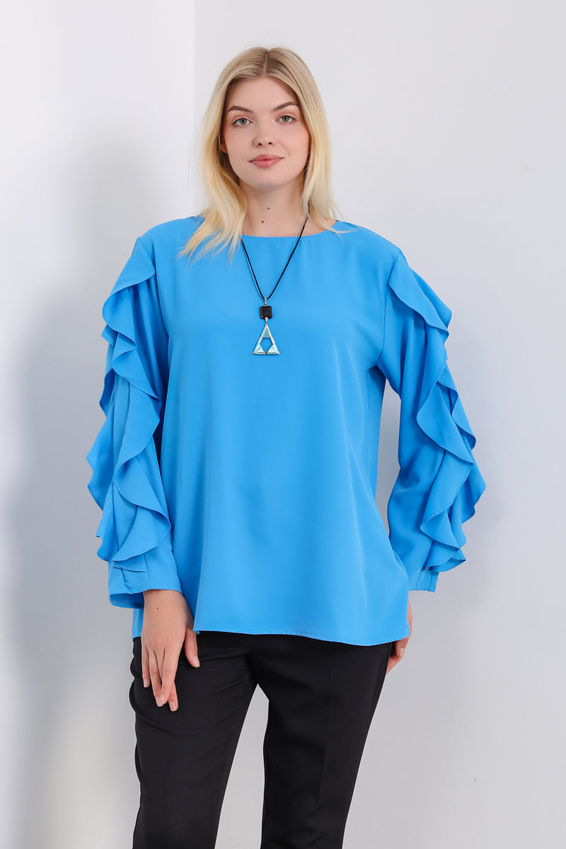 Oversized Ruffle Sleeve Relaxed Fit Top In Blue
