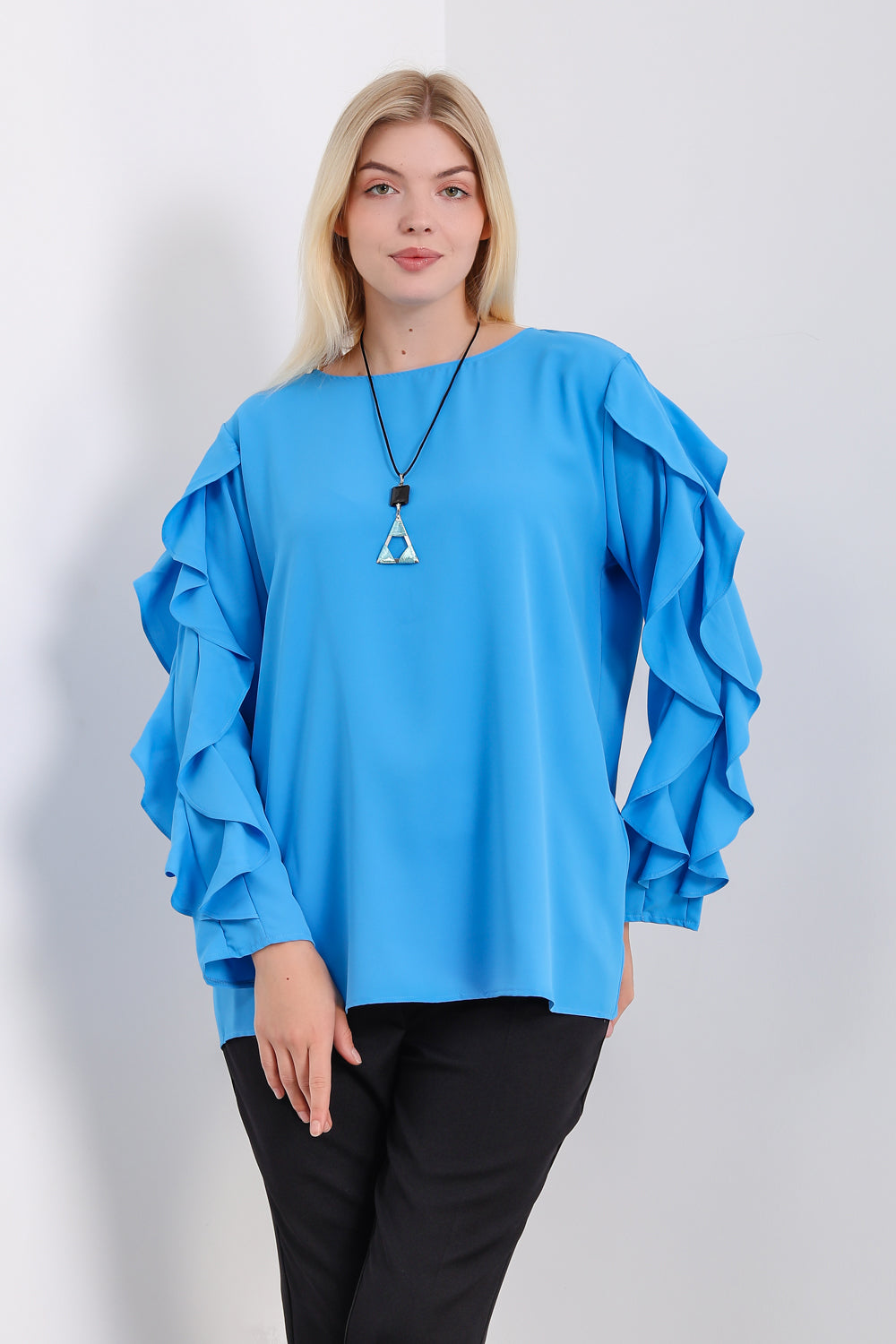 Oversized Ruffle Sleeve Relaxed Fit Top In Blue