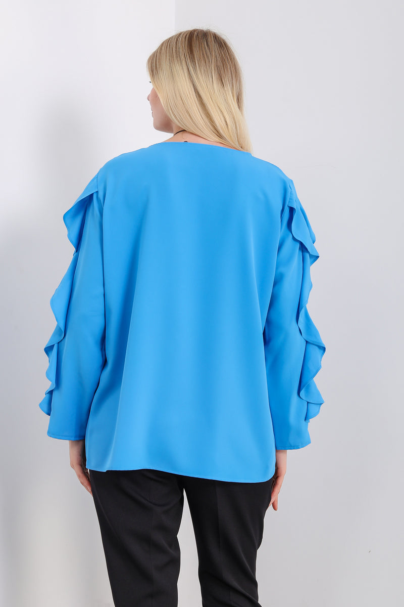 Oversized Ruffle Sleeve Relaxed Fit Top In Blue