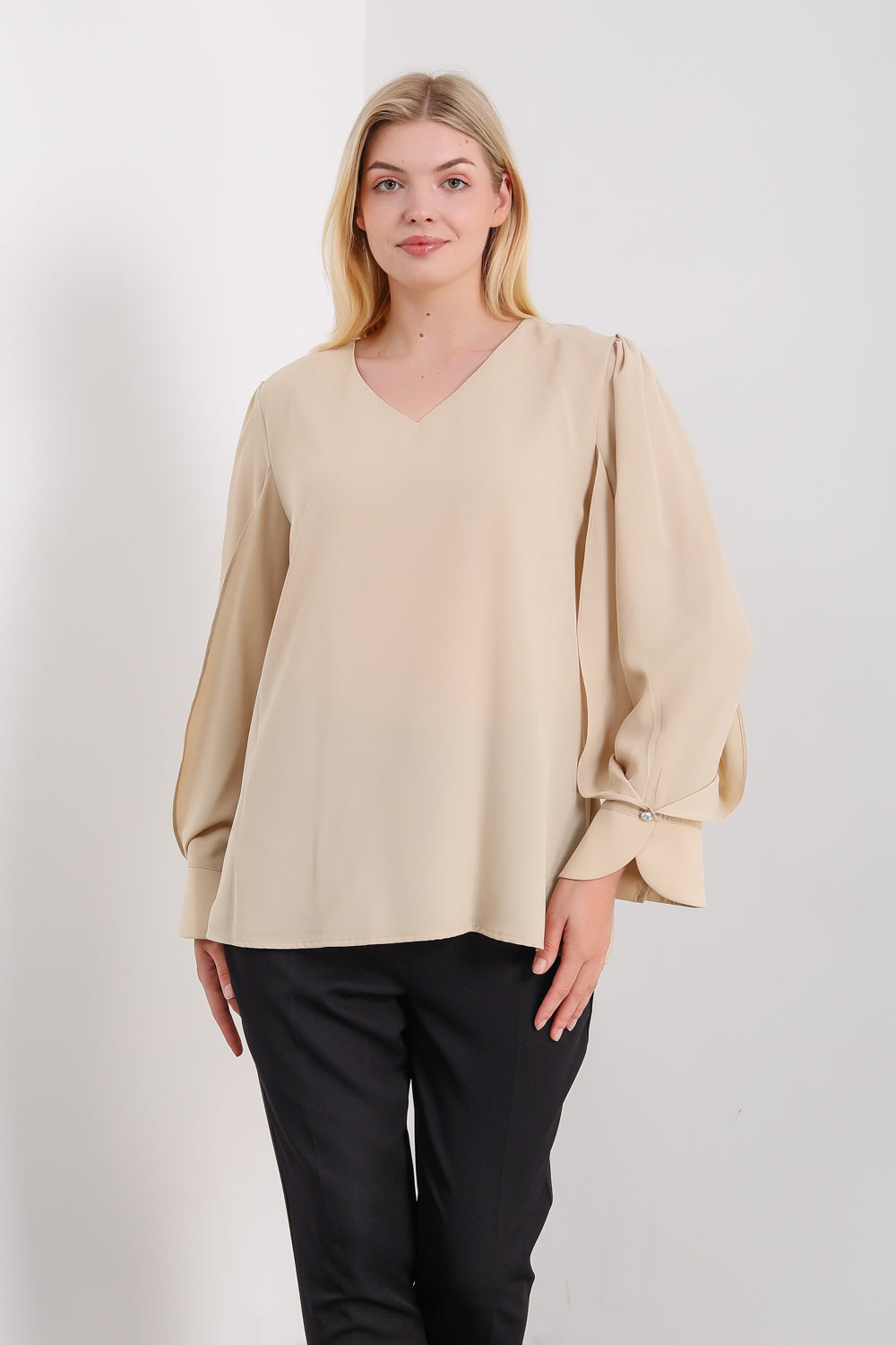 Long Sleeves Detailed Cuff Blouse with V Neck in Beige