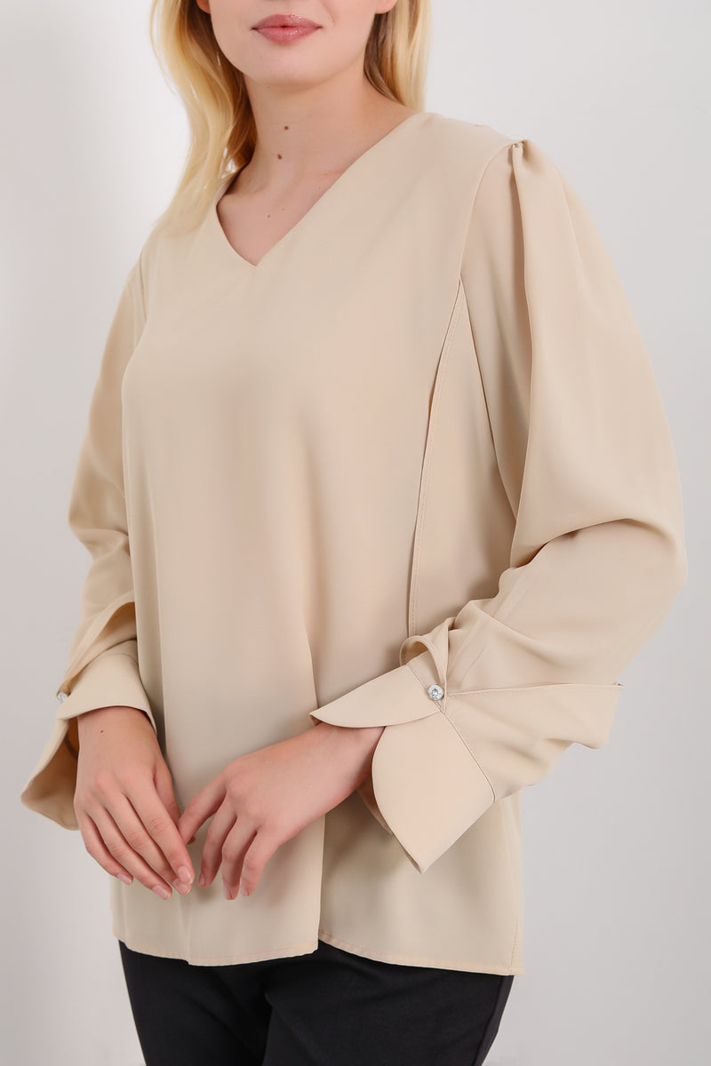 Long Sleeves Detailed Cuff Blouse with V Neck in Beige