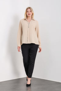 Oversized Long Sleeves Blouse Shirt with Button Details in Beige