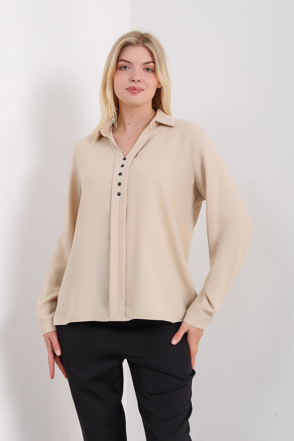 Oversized Long Sleeves Blouse Shirt with Button Details in Beige