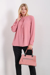 Oversized Ruffle Neck Top with Long Sleeves in Pink