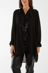 Relaxed Fit Long Sleeves Frilled Front Sequin Detail Tunic Top in Black