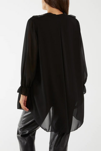 Relaxed Fit Long Sleeves Frilled Front Sequin Detail Tunic Top in Black