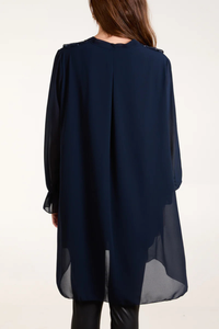 Relaxed Fit Long Sleeves Frilled Front Sequin Detail Tunic Top in Navy