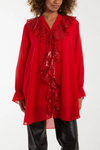 Relaxed Fit Long Sleeves Frilled Front Sequin Detail Tunic Top in Red