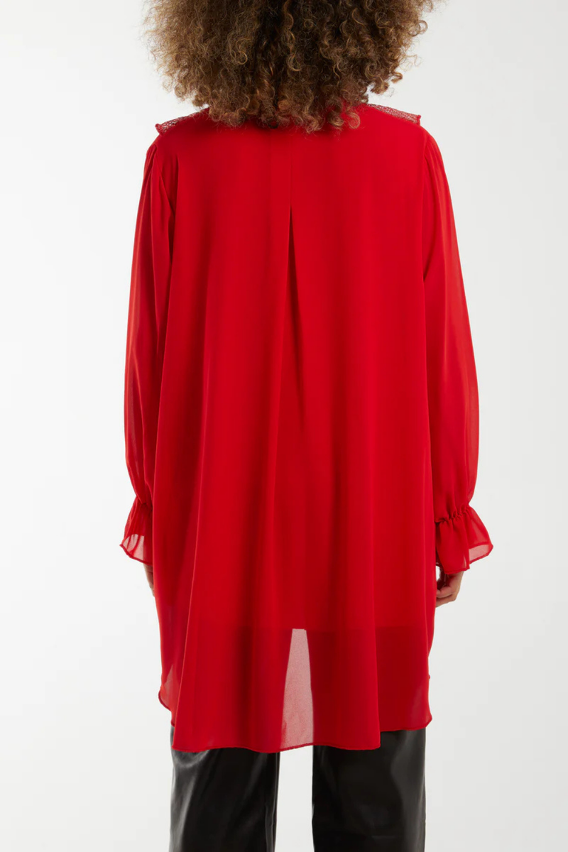 Relaxed Fit Long Sleeves Frilled Front Sequin Detail Tunic Top in Red