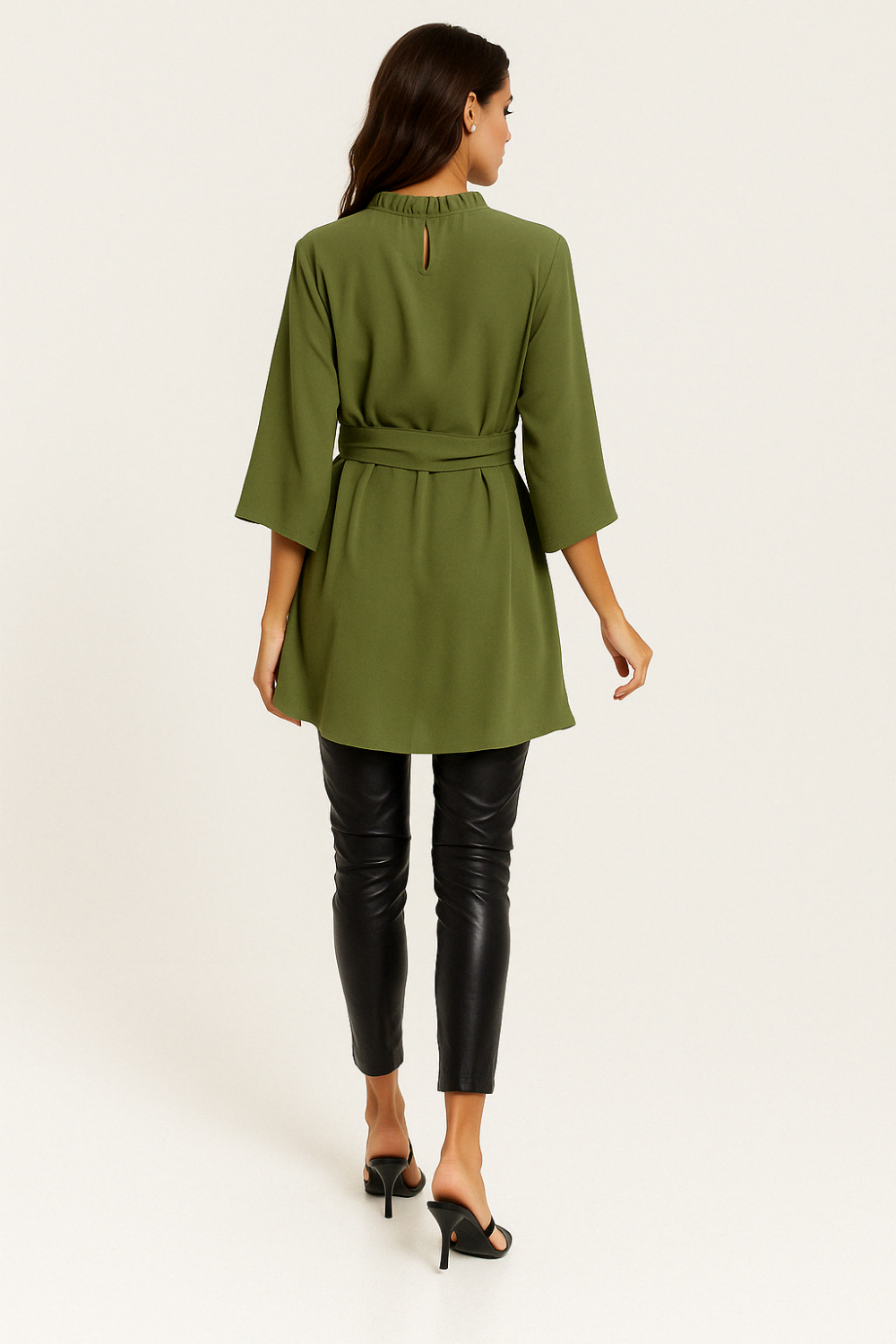 Tie Waisted Ruffle Neck Tunic with 3/4 Sleeves in Khaki