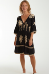 Relaxed Fit 3/4 Sleeves V Neck Printed Knee Lenght Dress in Black