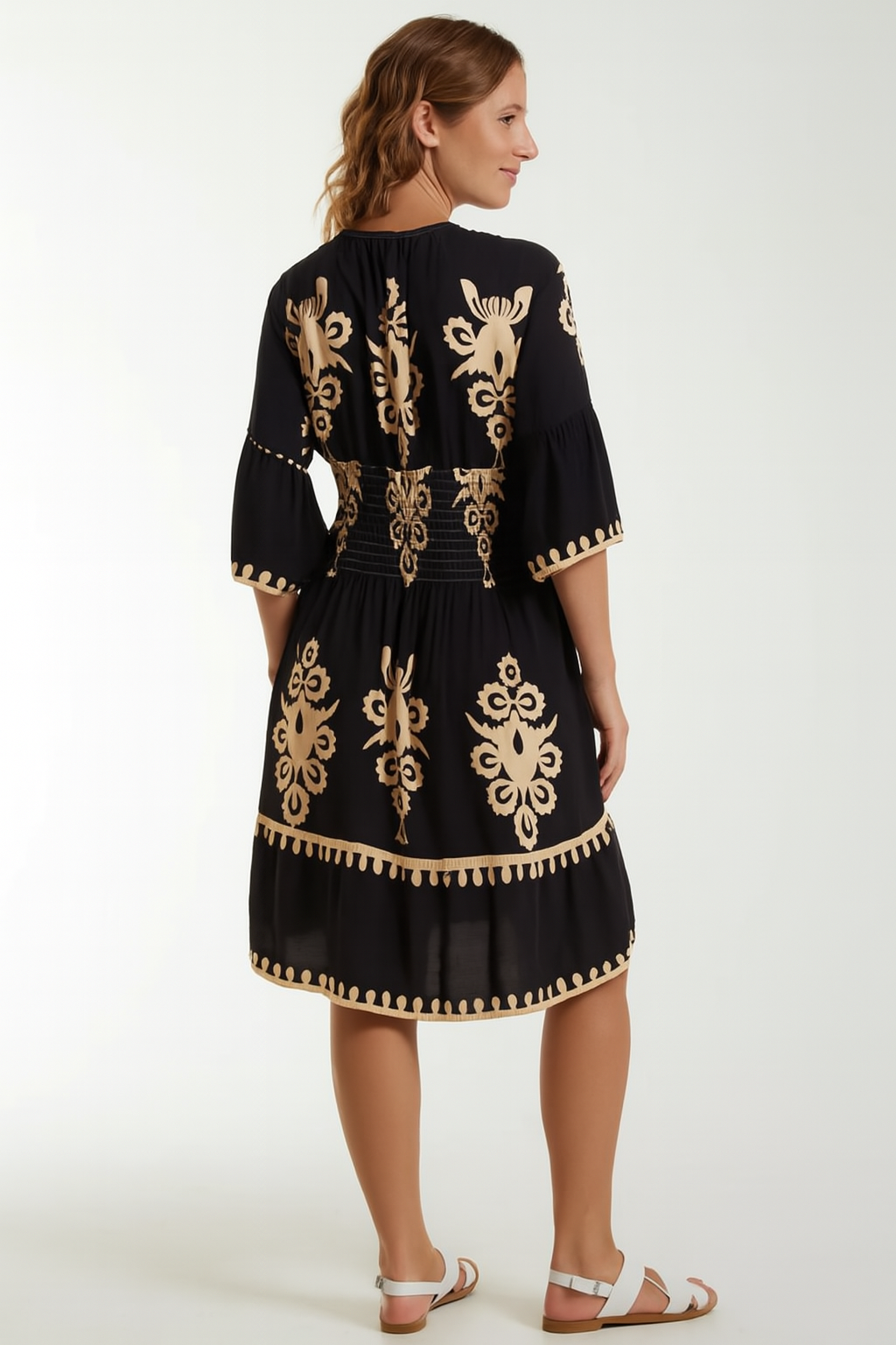 Relaxed Fit 3/4 Sleeves V Neck Printed Knee Lenght Dress in Black