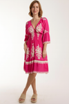 Relaxed Fit 3/4 Sleeves V Neck Printed Knee Lenght Dress in Pink