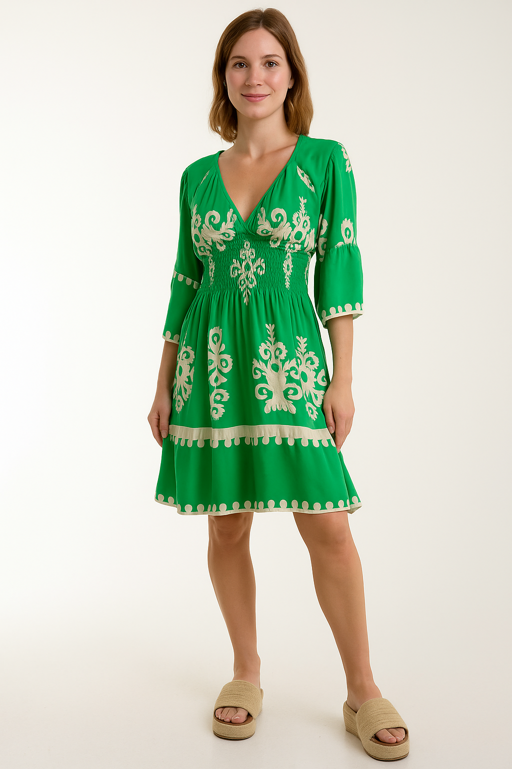 Relaxed Fit 3/4 Sleeves V Neck Printed Knee Lenght Dress in Green