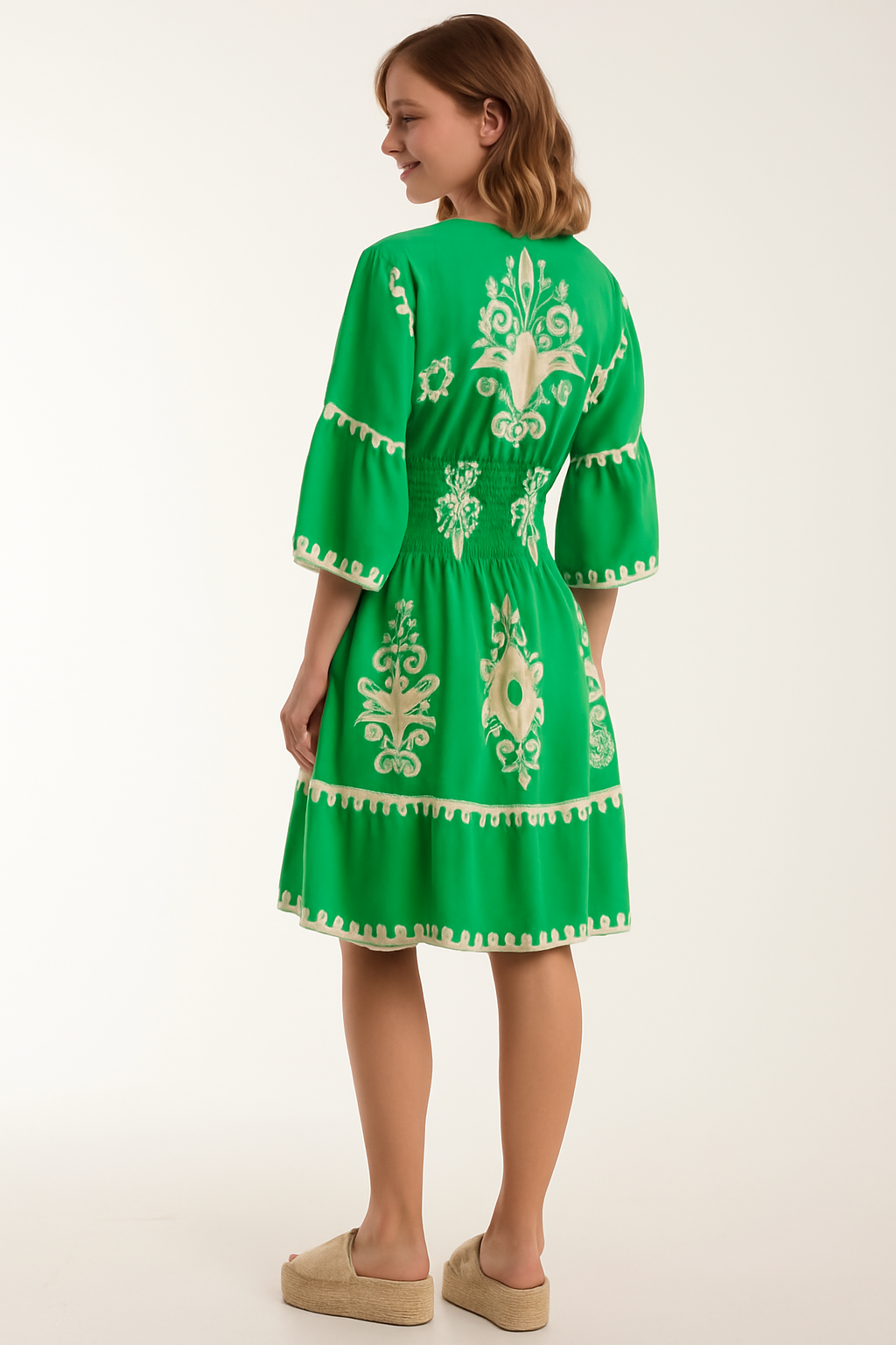 Relaxed Fit 3/4 Sleeves V Neck Printed Knee Lenght Dress in Green