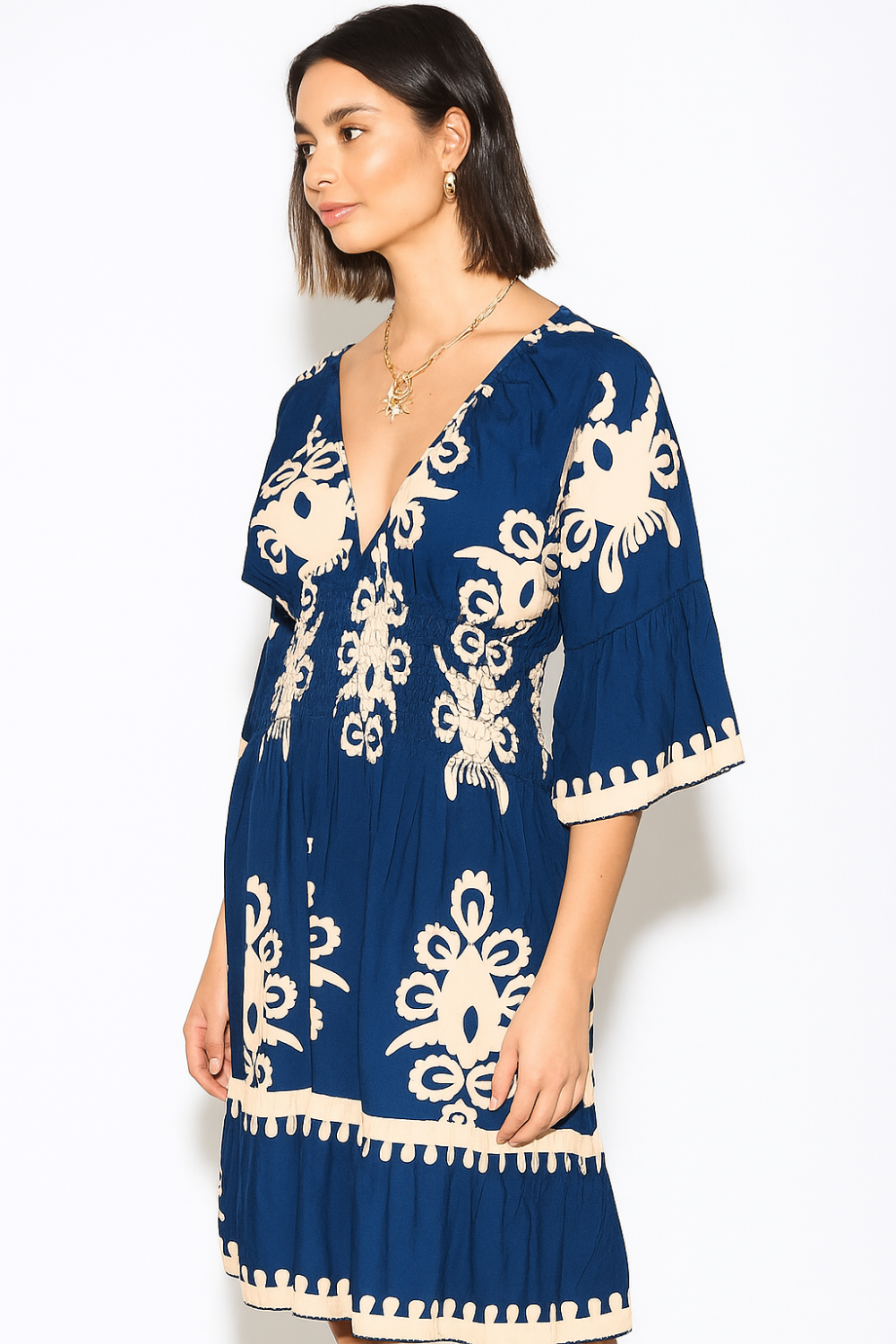 Oversized 3/4 Sleeves V Neck Printed Knee Lenght Dress in Navy