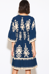Oversized 3/4 Sleeves V Neck Printed Knee Lenght Dress in Navy