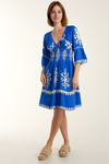 Relaxed Fit 3/4 Sleeves V Neck Printed Knee Lenght Dress in Blue