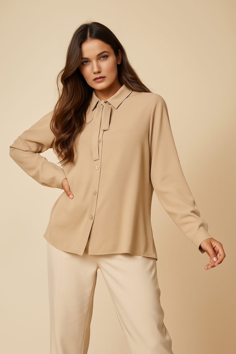 Tie Neck Oversized Top in Beige