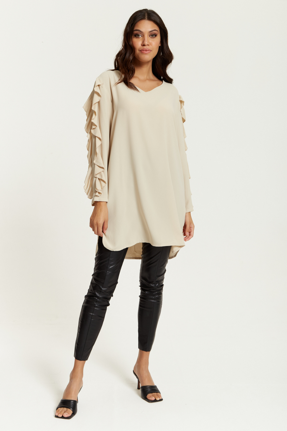 Relaxed Fit Ruffle Sleeve Relaxed Fit Tunic in Beige