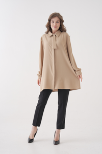 Oversized Long Sleeves Tie-Neck Tunic in Beige