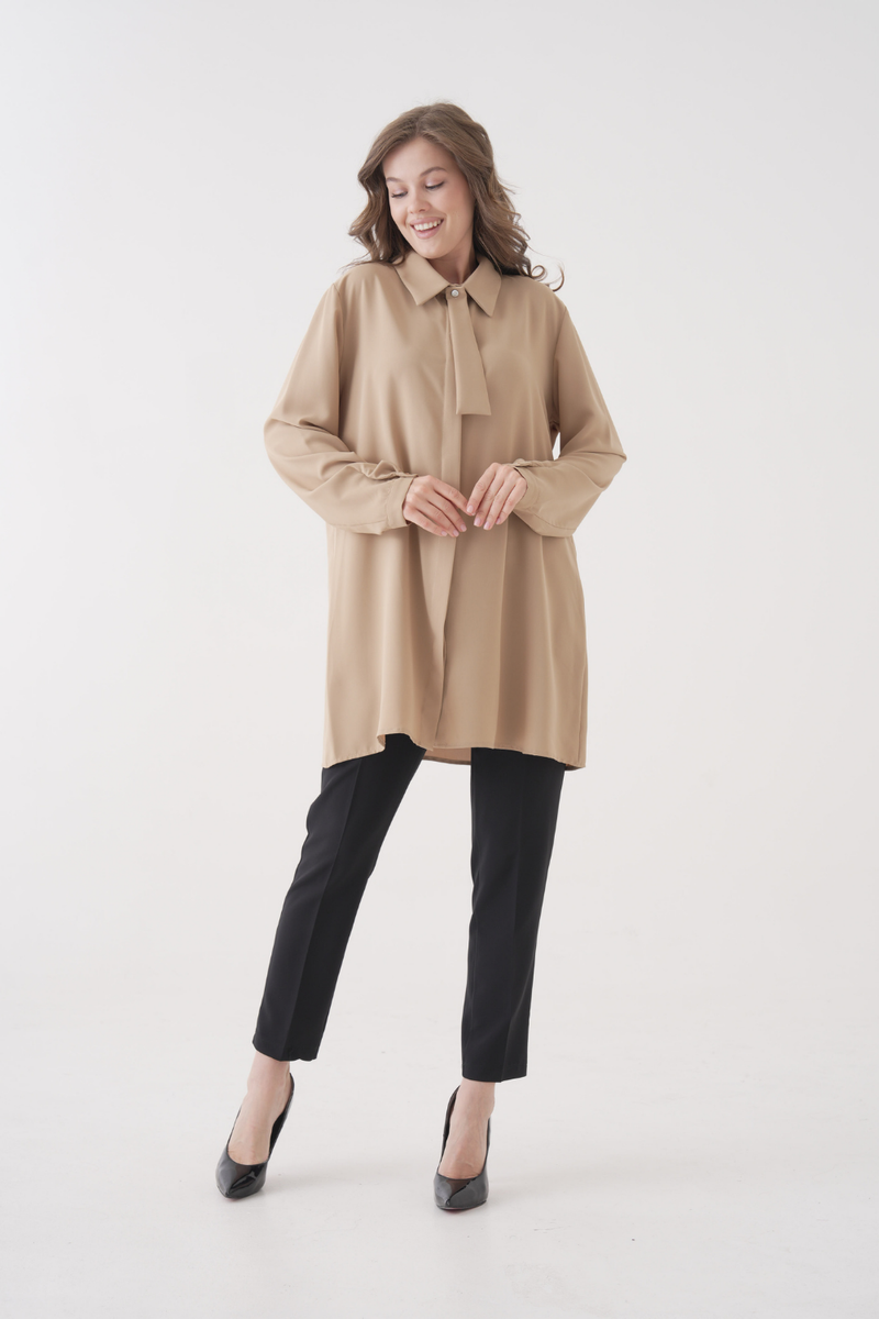 Oversized Long Sleeves Tie-Neck Tunic in Beige